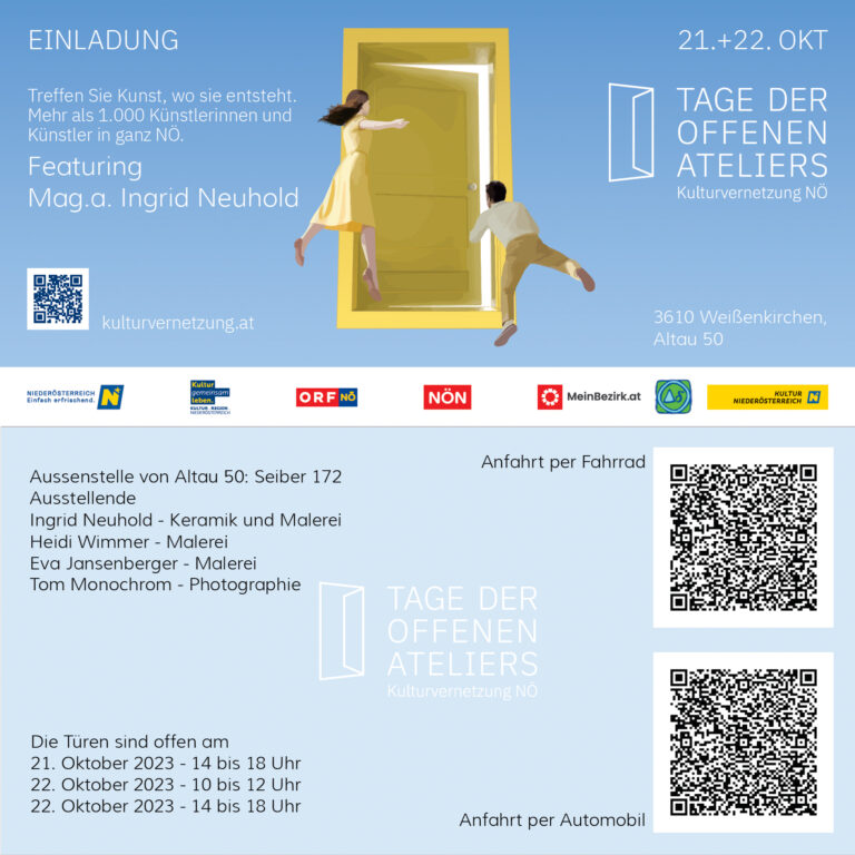 Flyer zur Ausstellung in Weißenkirchen in der Wachau: Tom Monochrom, Eva Jansenberger, Heidi Wimmer, Ingrid Neuhold